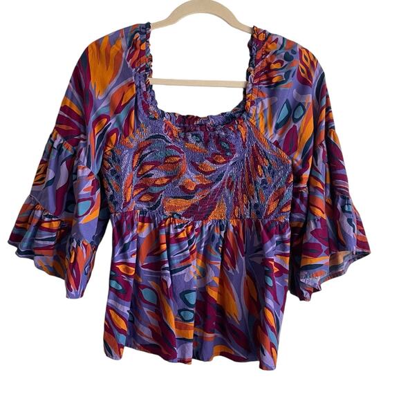 Terra & Sky Women Crop Top 1X‎ Vibrant Colorful Boho Retro Y2K Festival Babydoll - Picture 1 of 10